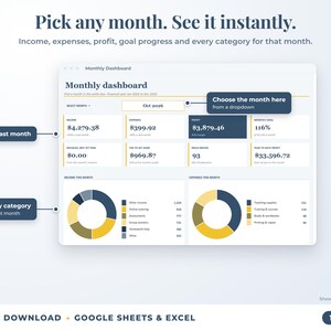 Monthly dashboard with a month dropdown, monthly profit, goal progress and category breakdown