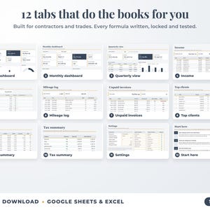 All 12 tabs of the bookkeeping spreadsheet: dashboards, income, expenses, mileage, unpaid invoices, top clients, tax summary