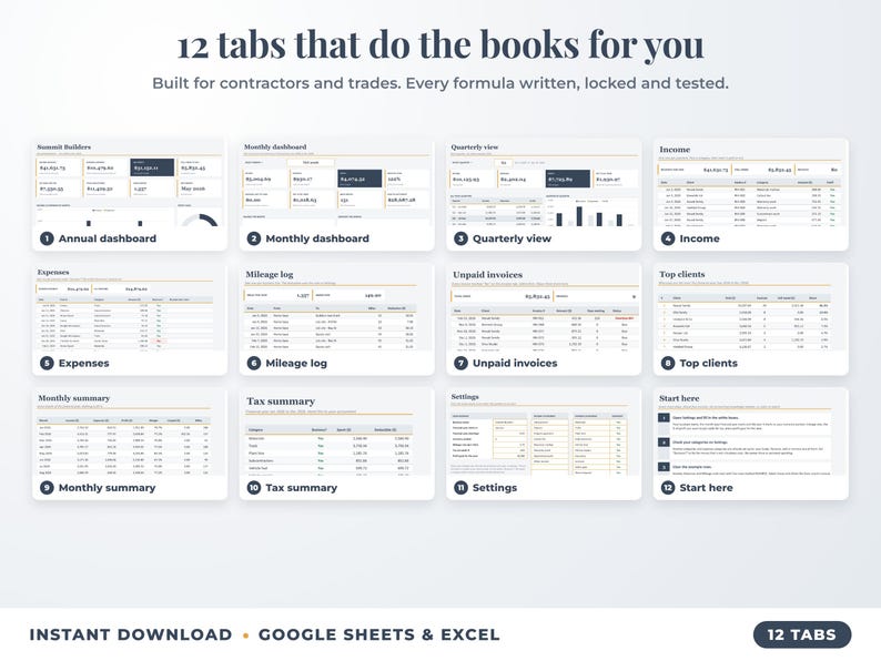 All 12 tabs of the bookkeeping spreadsheet: dashboards, income, expenses, mileage, unpaid invoices, top clients, tax summary