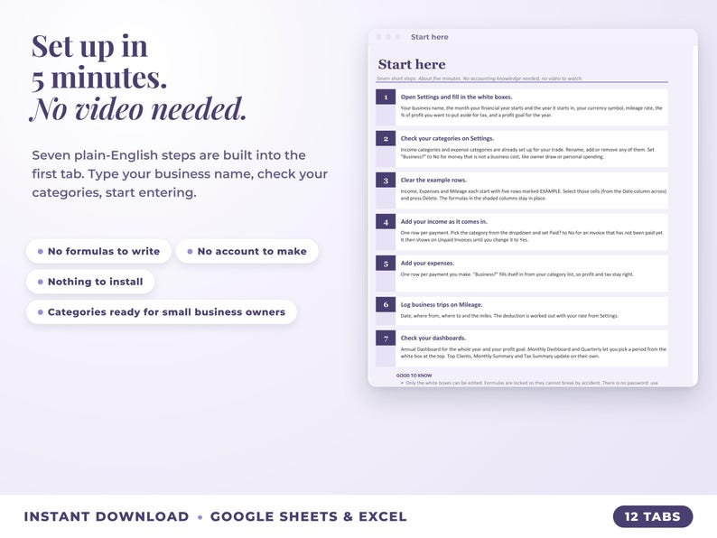 Start here tab with seven setup steps, no video needed