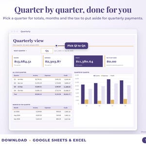 Quarterly view with quarter selector, quarterly totals, chart and tax set-aside