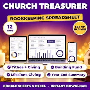 Church Treasurer bookkeeping spreadsheet for Google Sheets and Excel on laptop, tablet and phone