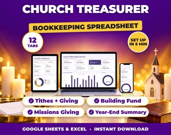 Kirchenkassen-Tabelle, Kirchenbuchhaltung, Spenden- und Kollektenverfolgung, Einnahmen und Ausgaben des Gemeindedienstes (Google Sheets + Excel)