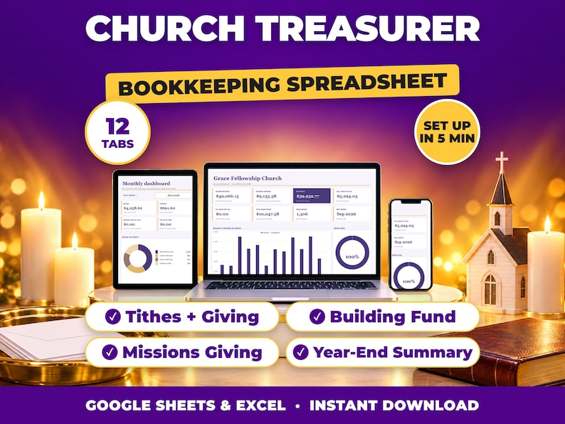 Church Treasurer bookkeeping spreadsheet for Google Sheets and Excel on laptop, tablet and phone