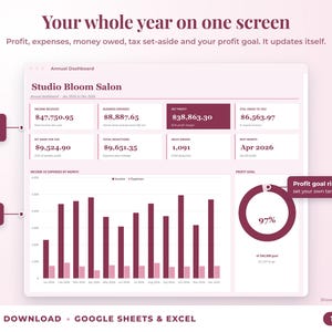 Annual dashboard with income, expenses, net profit, money owed, profit goal ring and category charts