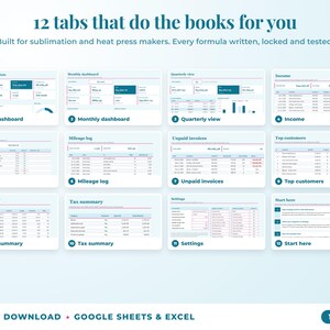 All 12 tabs of the bookkeeping spreadsheet: dashboards, income, expenses, mileage, unpaid invoices, top clients, tax summary