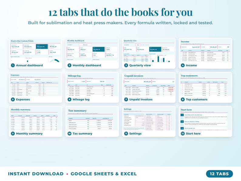 All 12 tabs of the bookkeeping spreadsheet: dashboards, income, expenses, mileage, unpaid invoices, top clients, tax summary