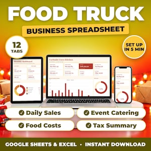Food Truck bookkeeping spreadsheet for Google Sheets and Excel on laptop, tablet and phone