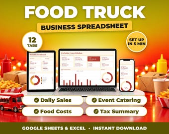 Kalkylblad för bokföring av matbilar, inkomst- och utgiftsspårning för matbilar, evenemangsförsäljning, skattesammanfattning (Google Sheets + Excel)