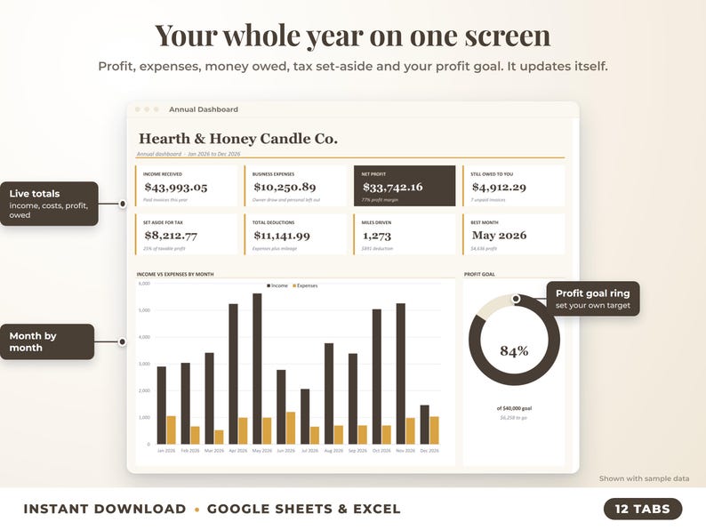 Annual dashboard with income, expenses, net profit, money owed, profit goal ring and category charts