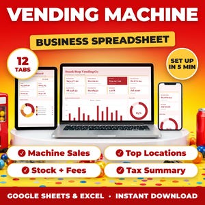 Vending Machine bookkeeping spreadsheet for Google Sheets and Excel on laptop, tablet and phone