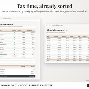 Tax summary with deductible totals, mileage deduction and suggested tax set-aside, plus monthly summary