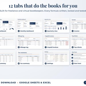 All 12 tabs of the bookkeeping spreadsheet: dashboards, income, expenses, mileage, unpaid invoices, top clients, tax summary