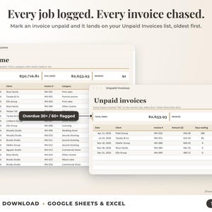 Income sheet and unpaid invoices list with overdue flags