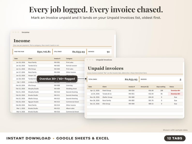 Income sheet and unpaid invoices list with overdue flags