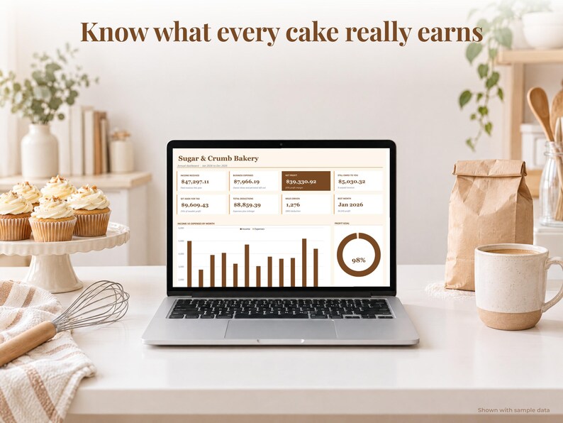 Bakery Business bookkeeping spreadsheet annual dashboard open on a laptop on a desk