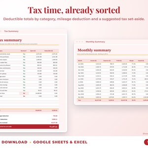 Tax summary with deductible totals, mileage deduction and suggested tax set-aside, plus monthly summary