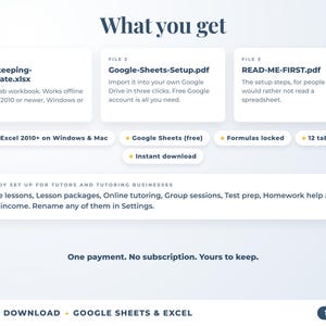 What is included: 12-tab Excel workbook, Google Sheets setup guide and read-me-first guide