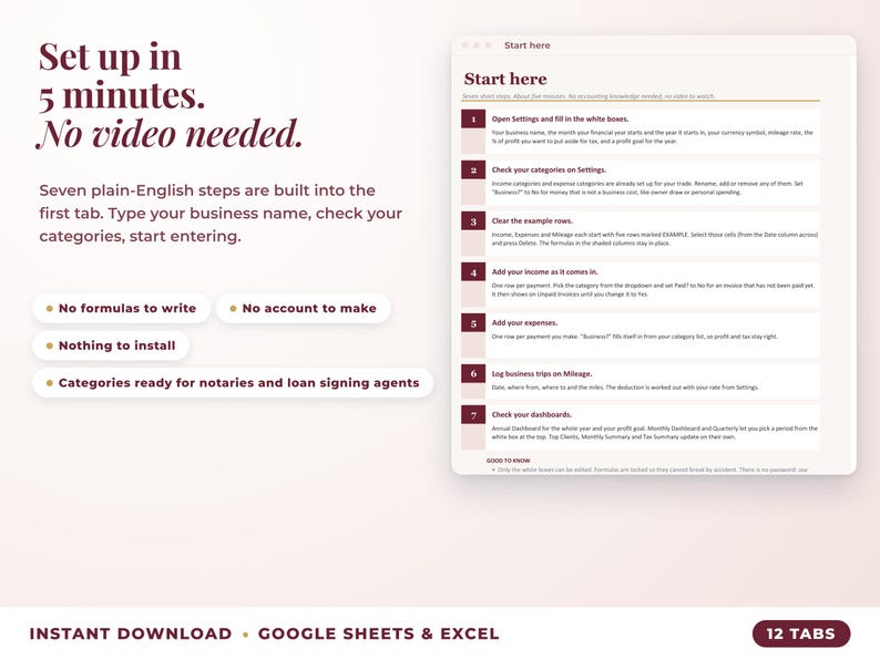 Start here tab with seven setup steps, no video needed