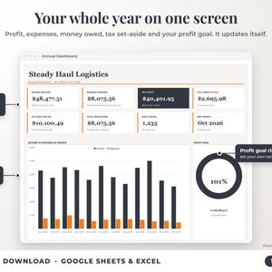 Annual dashboard with income, expenses, net profit, money owed, profit goal ring and category charts