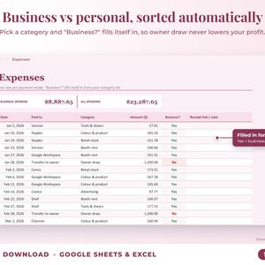 Expenses sheet where business or personal is filled in automatically from the category