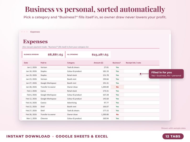 Expenses sheet where business or personal is filled in automatically from the category