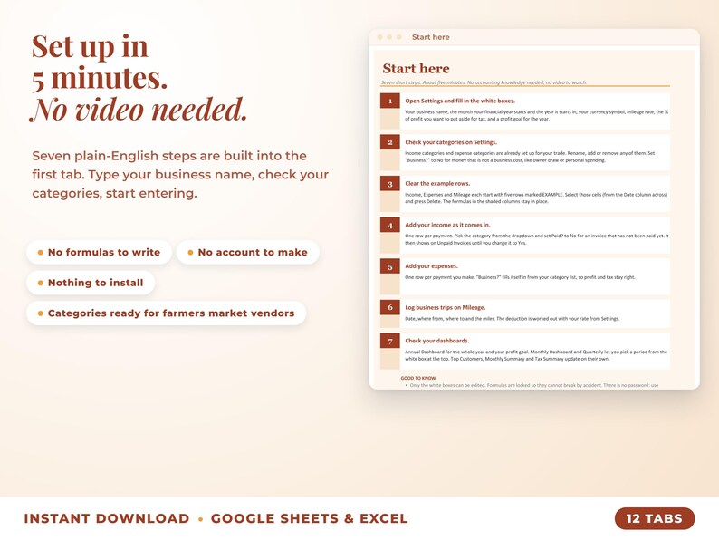 Start here tab with seven setup steps, no video needed