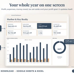 Annual dashboard with income, expenses, net profit, money owed, profit goal ring and category charts