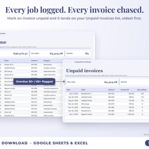 Income sheet and unpaid invoices list with overdue flags