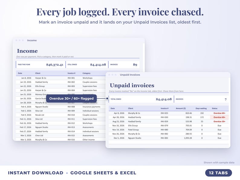 Income sheet and unpaid invoices list with overdue flags