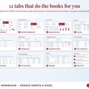 All 12 tabs of the bookkeeping spreadsheet: dashboards, income, expenses, mileage, unpaid invoices, top clients, tax summary
