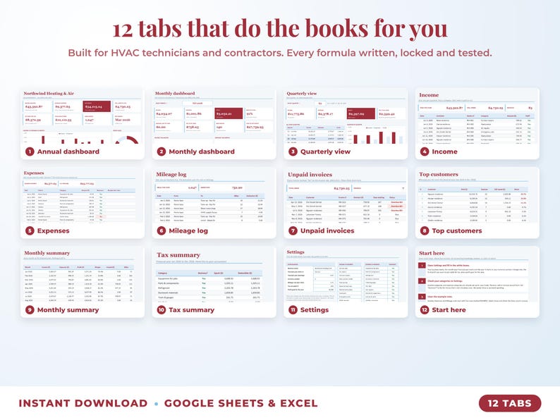 All 12 tabs of the bookkeeping spreadsheet: dashboards, income, expenses, mileage, unpaid invoices, top clients, tax summary