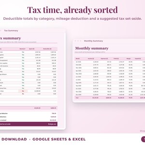 Tax summary with deductible totals, mileage deduction and suggested tax set-aside, plus monthly summary