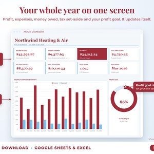 Annual dashboard with income, expenses, net profit, money owed, profit goal ring and category charts