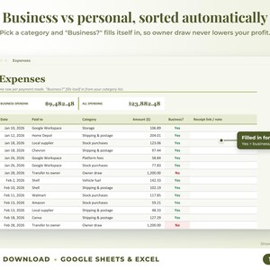 Expenses sheet where business or personal is filled in automatically from the category