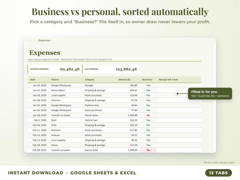 Expenses sheet where business or personal is filled in automatically from the category