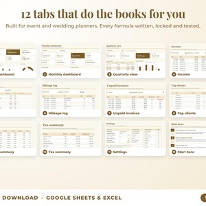 All 12 tabs of the bookkeeping spreadsheet: dashboards, income, expenses, mileage, unpaid invoices, top clients, tax summary