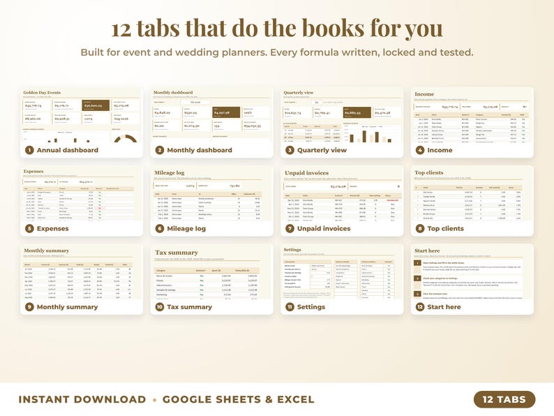 All 12 tabs of the bookkeeping spreadsheet: dashboards, income, expenses, mileage, unpaid invoices, top clients, tax summary