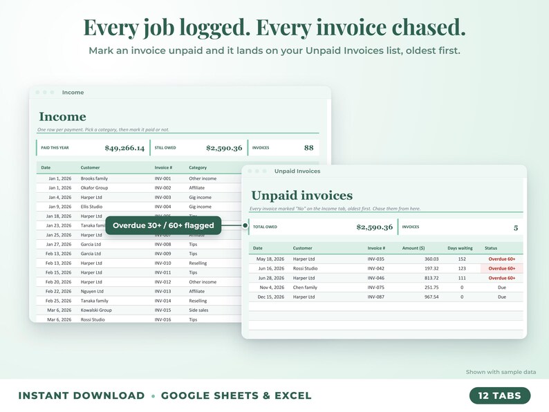 Income sheet and unpaid invoices list with overdue flags