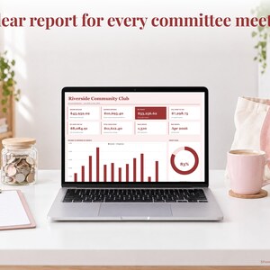 Treasurer bookkeeping spreadsheet annual dashboard open on a laptop on a desk