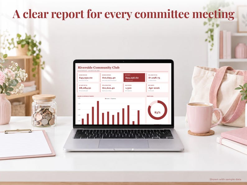 Treasurer bookkeeping spreadsheet annual dashboard open on a laptop on a desk