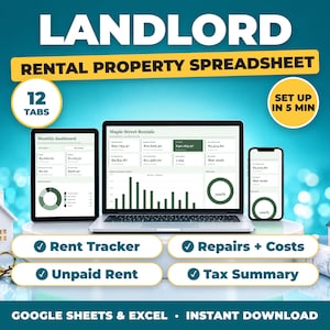 Landlord bookkeeping spreadsheet for Google Sheets and Excel on laptop, tablet and phone