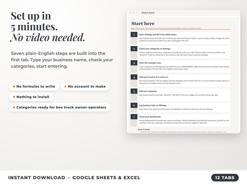 Start here tab with seven setup steps, no video needed