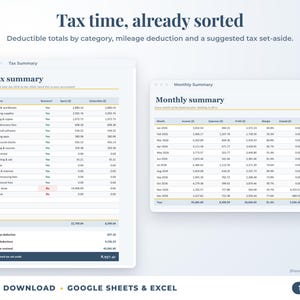 Tax summary with deductible totals, mileage deduction and suggested tax set-aside, plus monthly summary