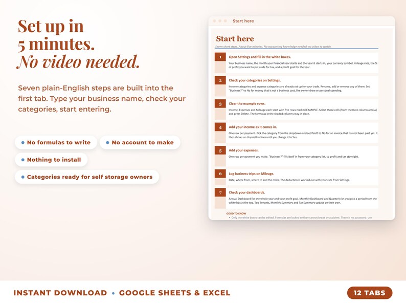 Start here tab with seven setup steps, no video needed