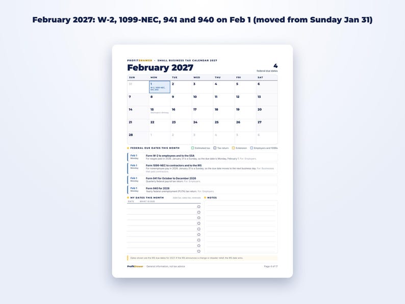 Small Business Tax Calendar 2027 + Quarterly Tax Tracker page preview