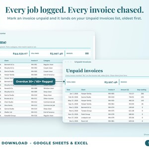Income sheet and unpaid invoices list with overdue flags