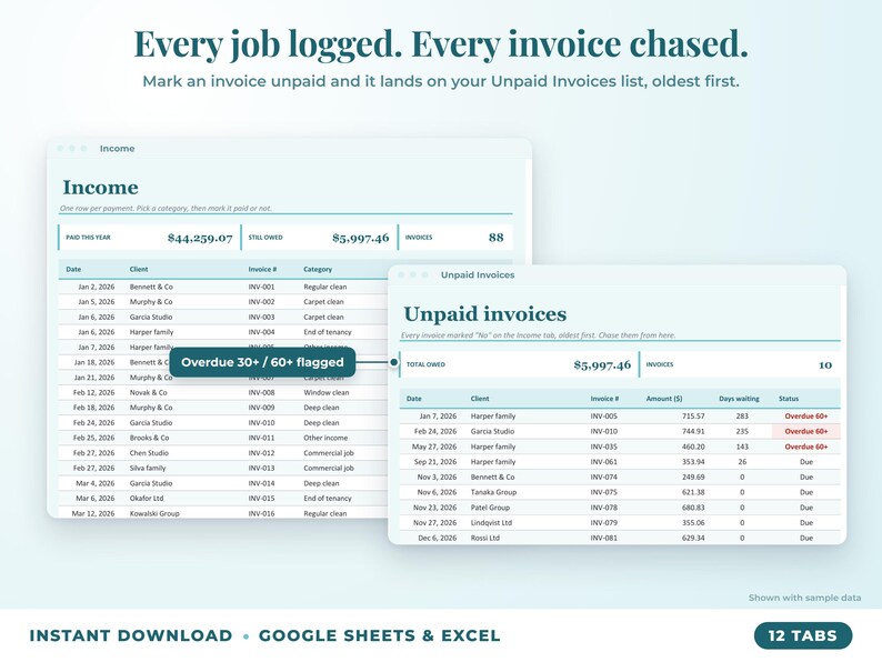 Income sheet and unpaid invoices list with overdue flags