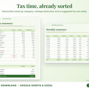 Tax summary with deductible totals, mileage deduction and suggested tax set-aside, plus monthly summary