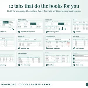 All 12 tabs of the bookkeeping spreadsheet: dashboards, income, expenses, mileage, unpaid invoices, top clients, tax summary